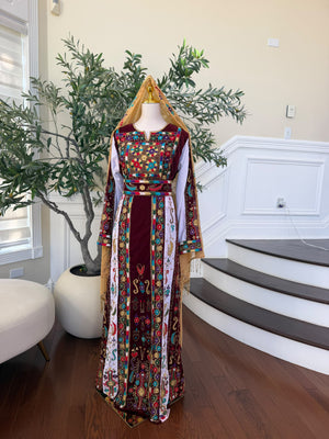 Elegant Burgundy Velvet Thobe with Colorful Embroidery and Matching Skirt included (scarf not included)