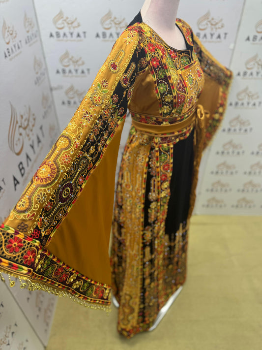 Traditional Palestinian Embroidered Thobe – Black & Gold Heritage Dress