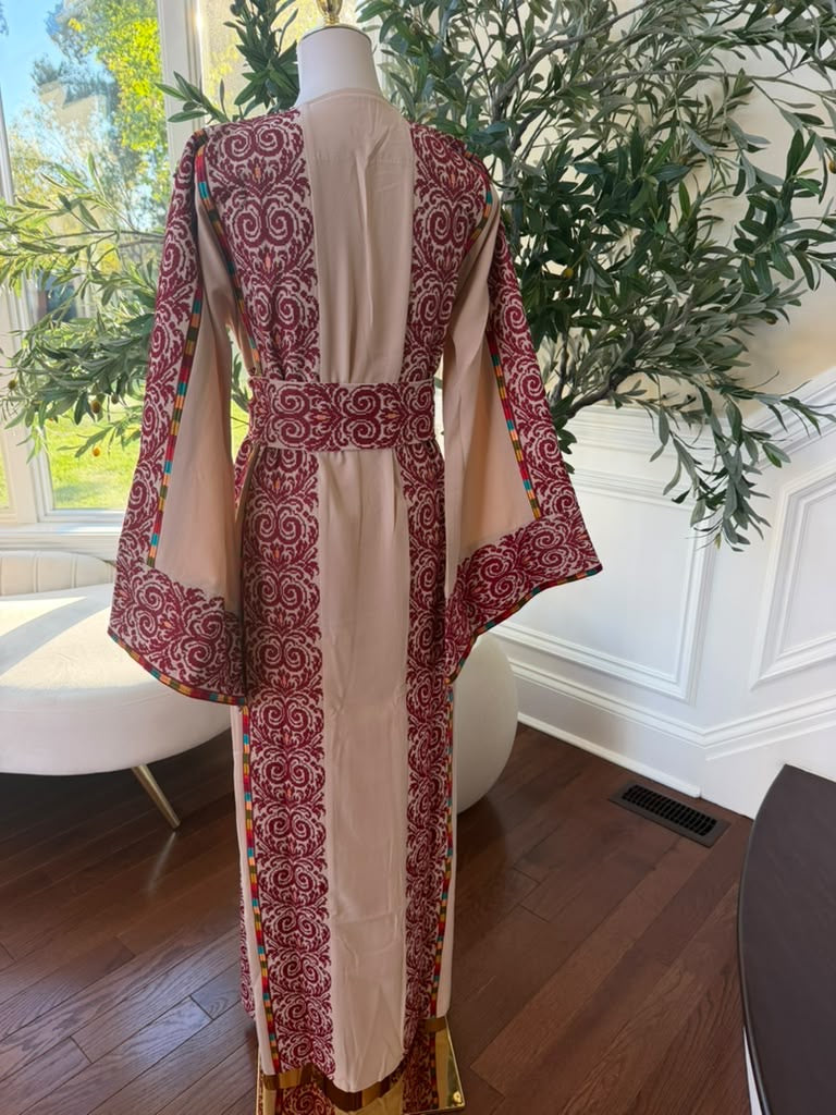 Elegant Blush Pink & Burgundy Embroidered Palestinian Thobe Dress