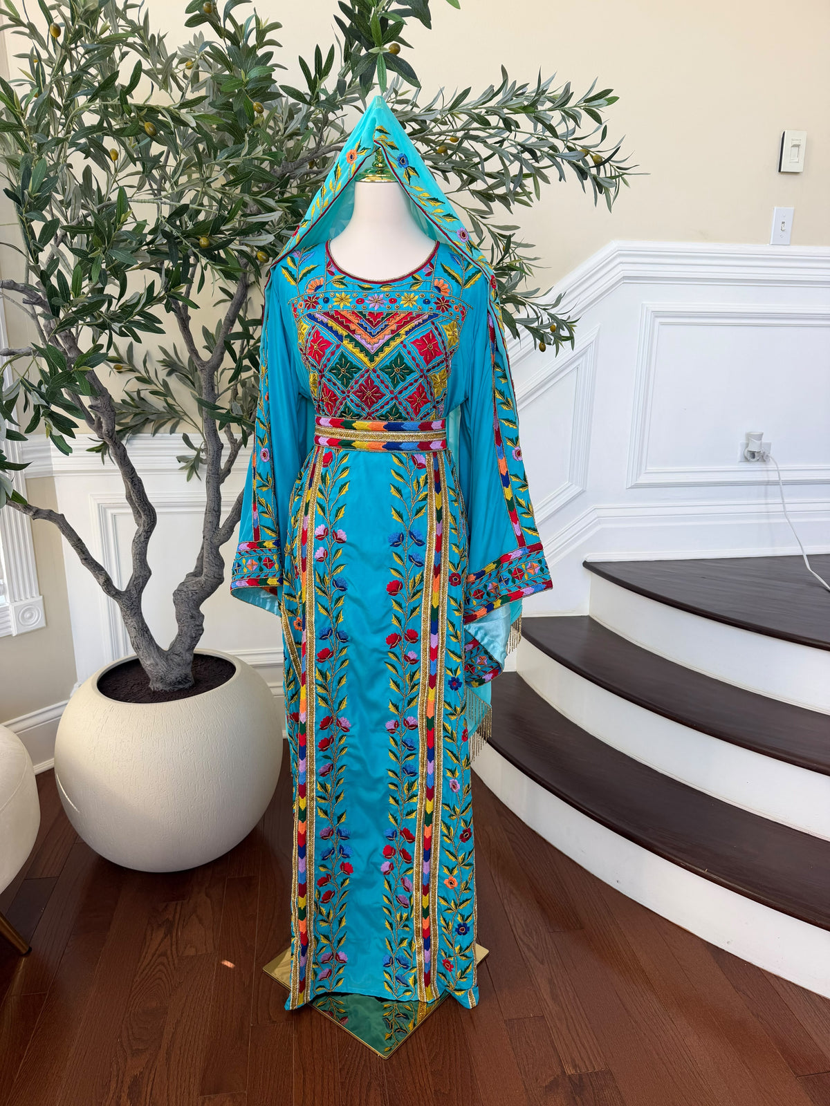 Turquoise Floral Embroidered Palestinian Thobe – Scarf Not Included