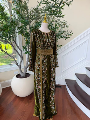 Velvet Olive Green Beaded Stone Thobe