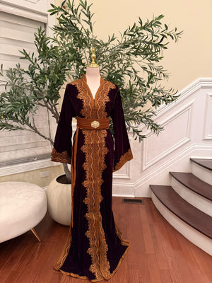 Autumn Ember Maroon Velvet Kuftan with Brown Embellishments