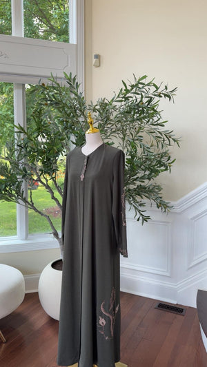 Olive Blush Embroidered Abaya – Soft Grace