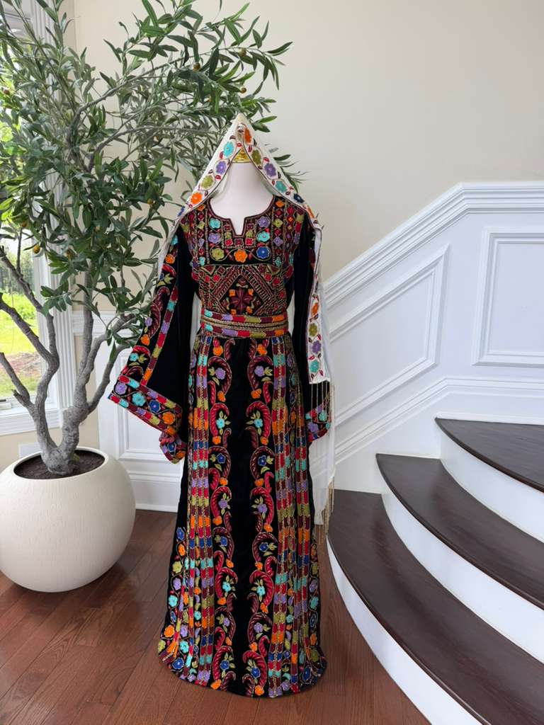 Luxury Bridal Palestinian Thobe with Embroidery Tatreez, Hand Beading & Detachable Overskirt on Rich Velvet Fabric