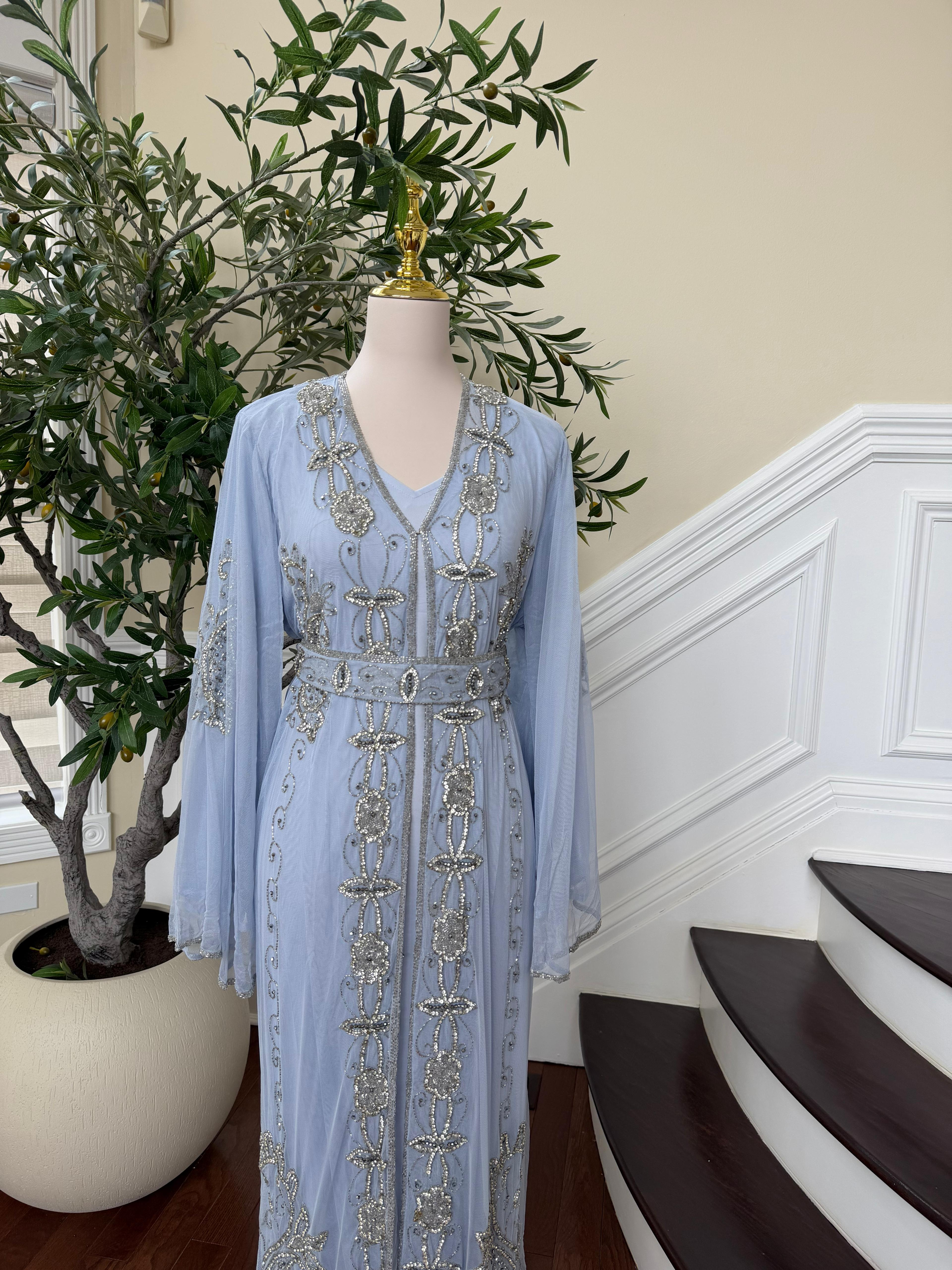 Baby Blue Silver Stone Beaded Abaya