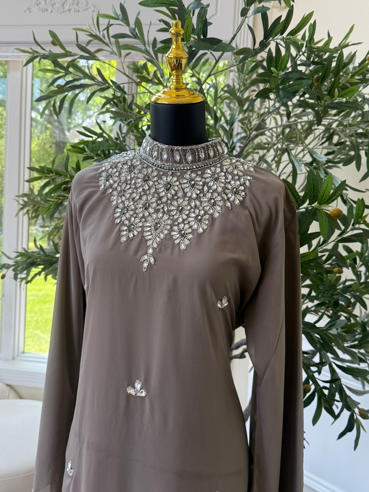 Taupe Gemstone Collar Maxi Dress