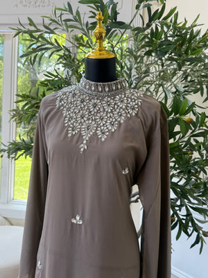 Taupe Gemstone Collar Maxi Dress