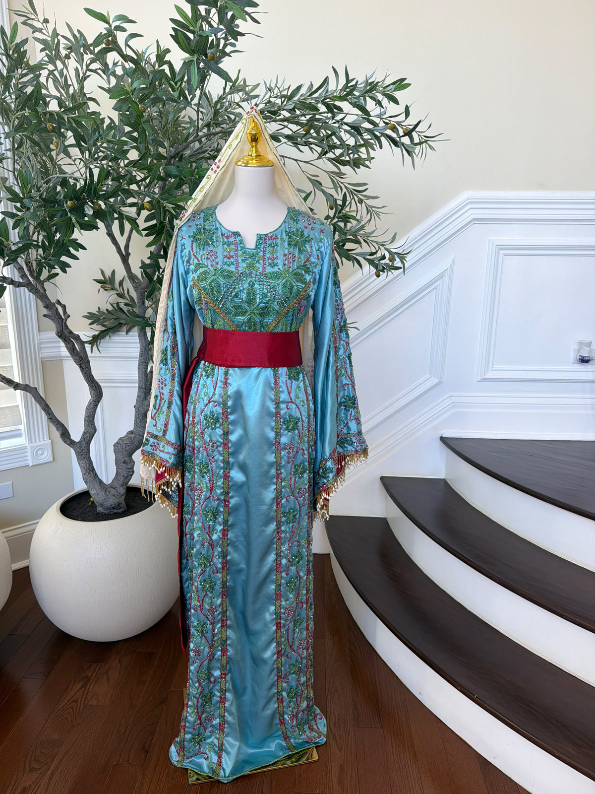 Elegant Sky Blue Satin Thobe with Intricate Green and Pink Floral Embroidery, Burgundy Belt(scarf not included)