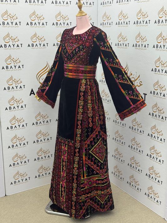 Palestinian Embroidered Thobe – Black Velvet with Multicolor Tatreez Detailing” A09012025