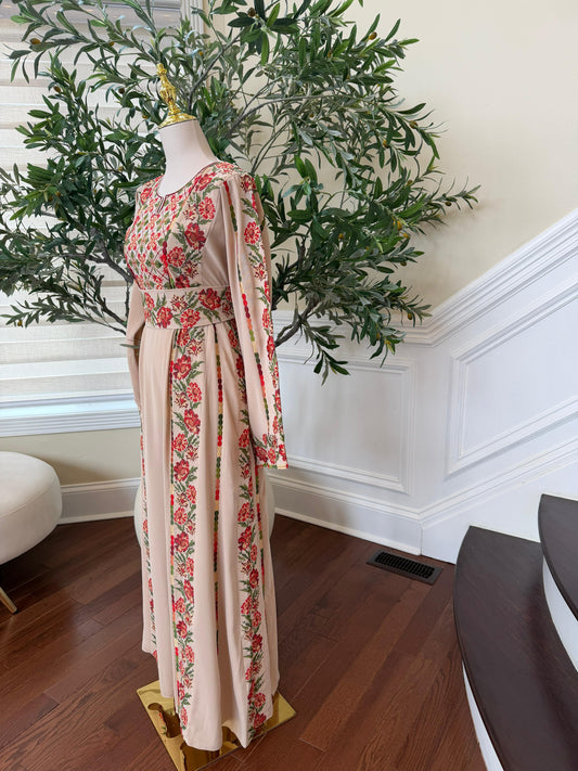 Beige Embroidery Rose Tatreez Thobe
