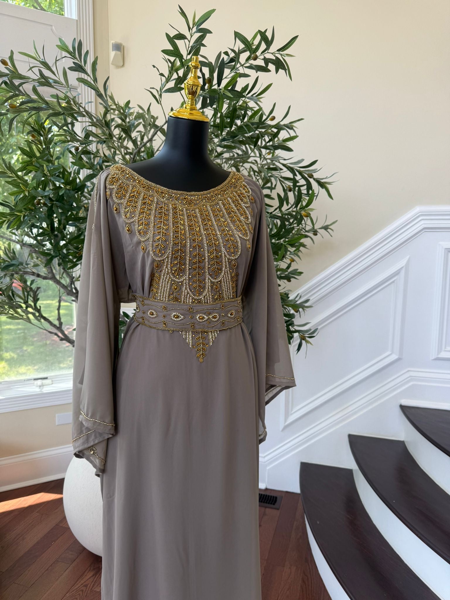 Taupe Elegant Beaded Kuftan Maxi Dress