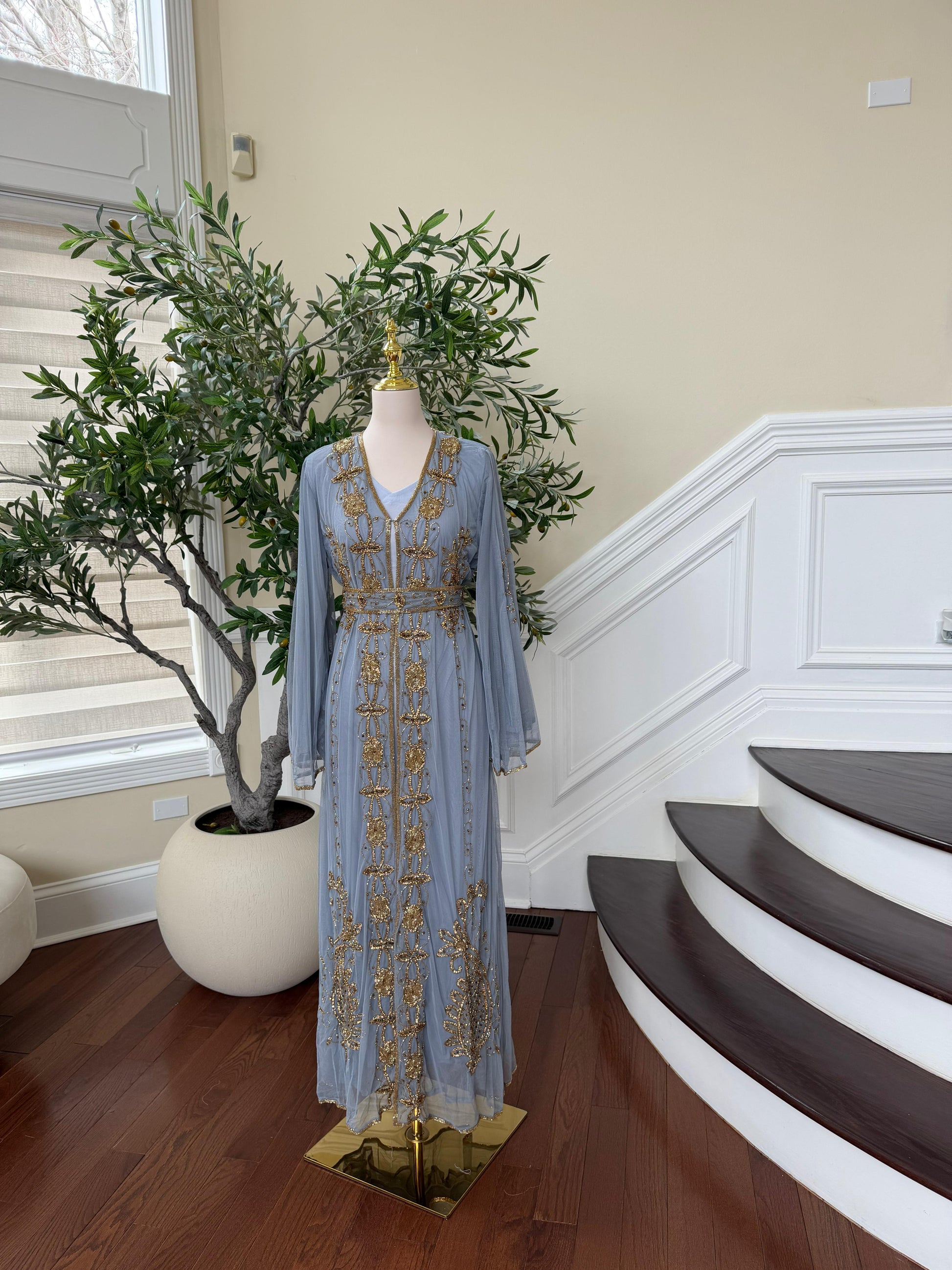 Baby Blue Golden Stone Cardigan Abaya