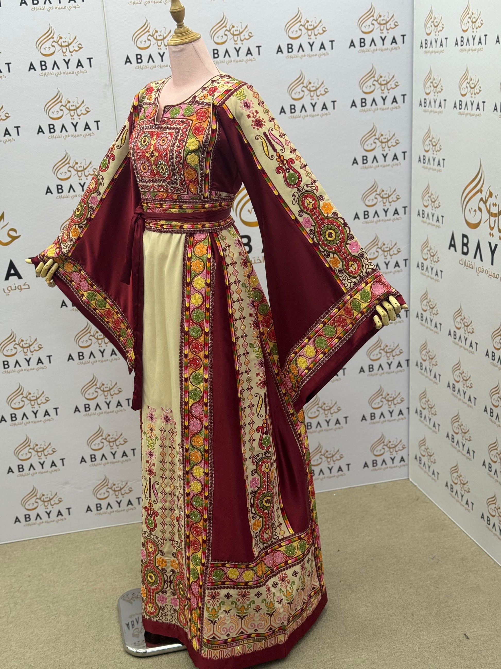 Burgundy & Cream Palestinian Embroidered Thobe – Multicolor Tatreez Maxi Dress with Wide Sleeves”