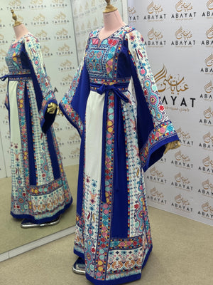 Royal Blue & White Palestinian Embroidered Thobe – Colorful Tatreez Maxi Dress with Wide Sleeves”