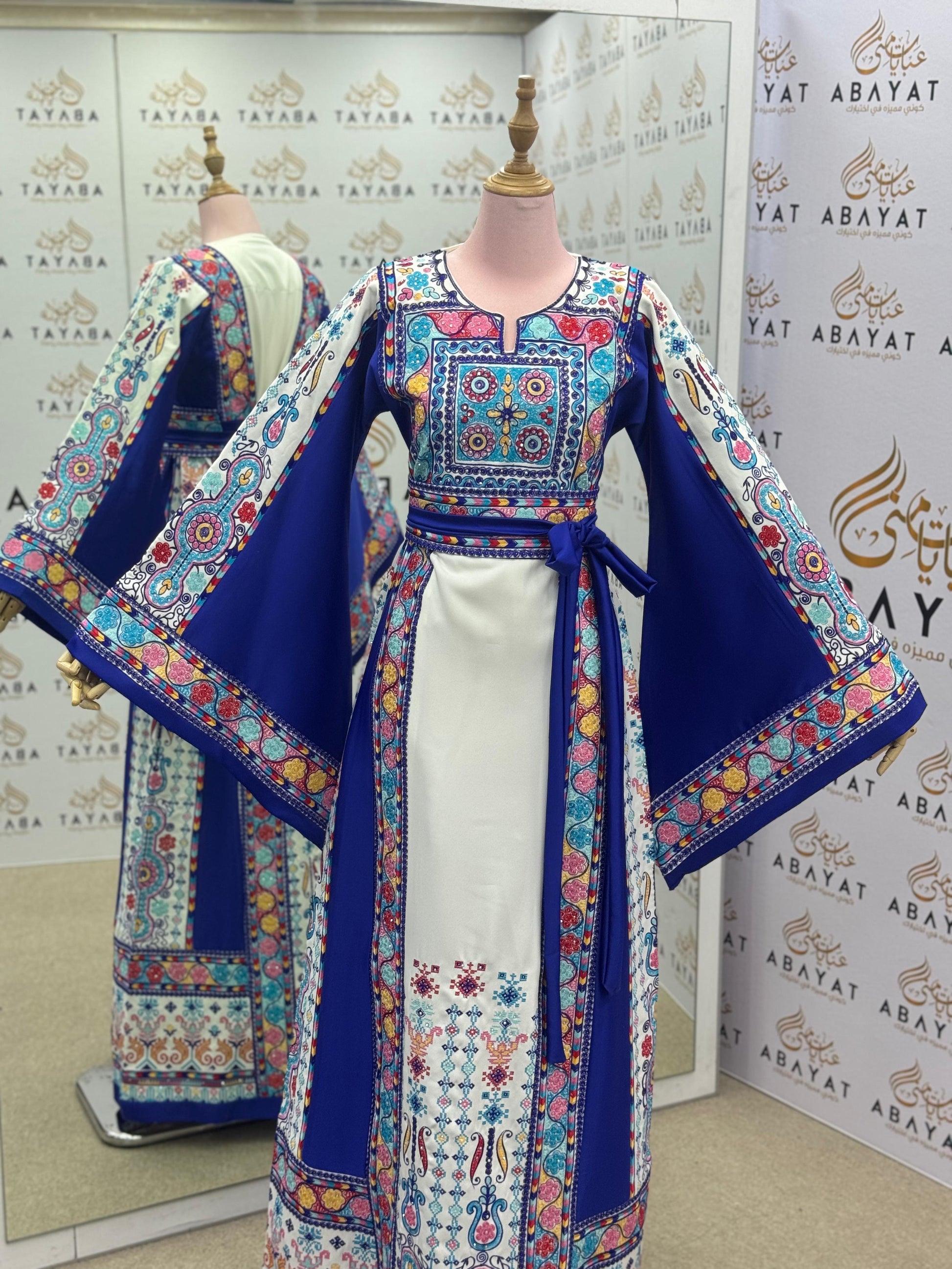 Royal Blue & White Palestinian Embroidered Thobe – Colorful Tatreez Maxi Dress with Wide Sleeves”