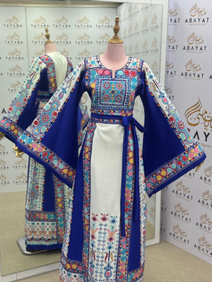 Royal Blue & White Palestinian Embroidered Thobe – Colorful Tatreez Maxi Dress with Wide Sleeves”