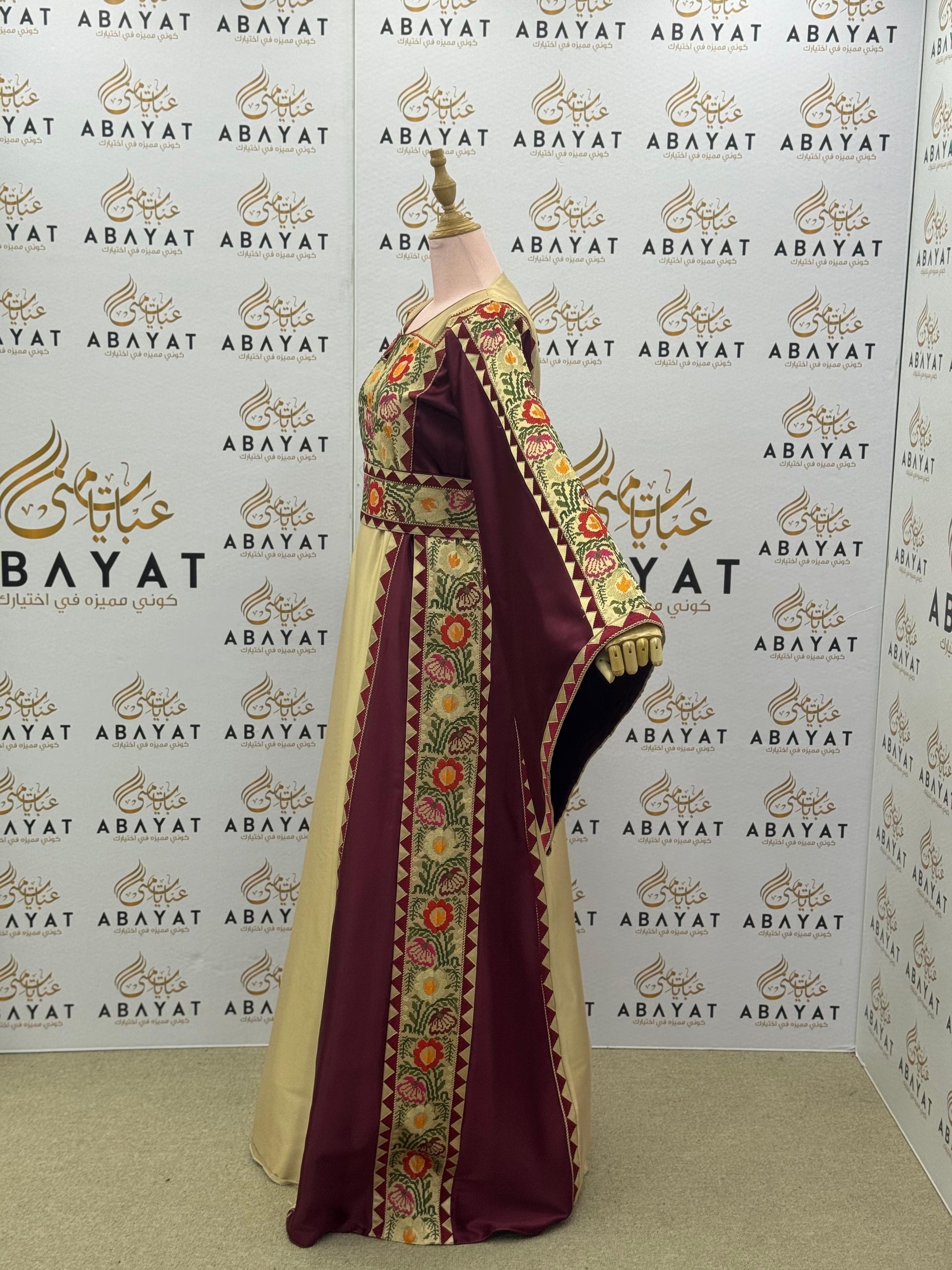 Traditional Palestinian Thobe in Maroon and Beige with Floral Tatreez