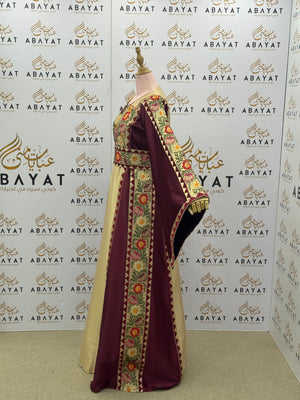 Traditional Palestinian Thobe in Maroon and Beige with Floral Tatreez