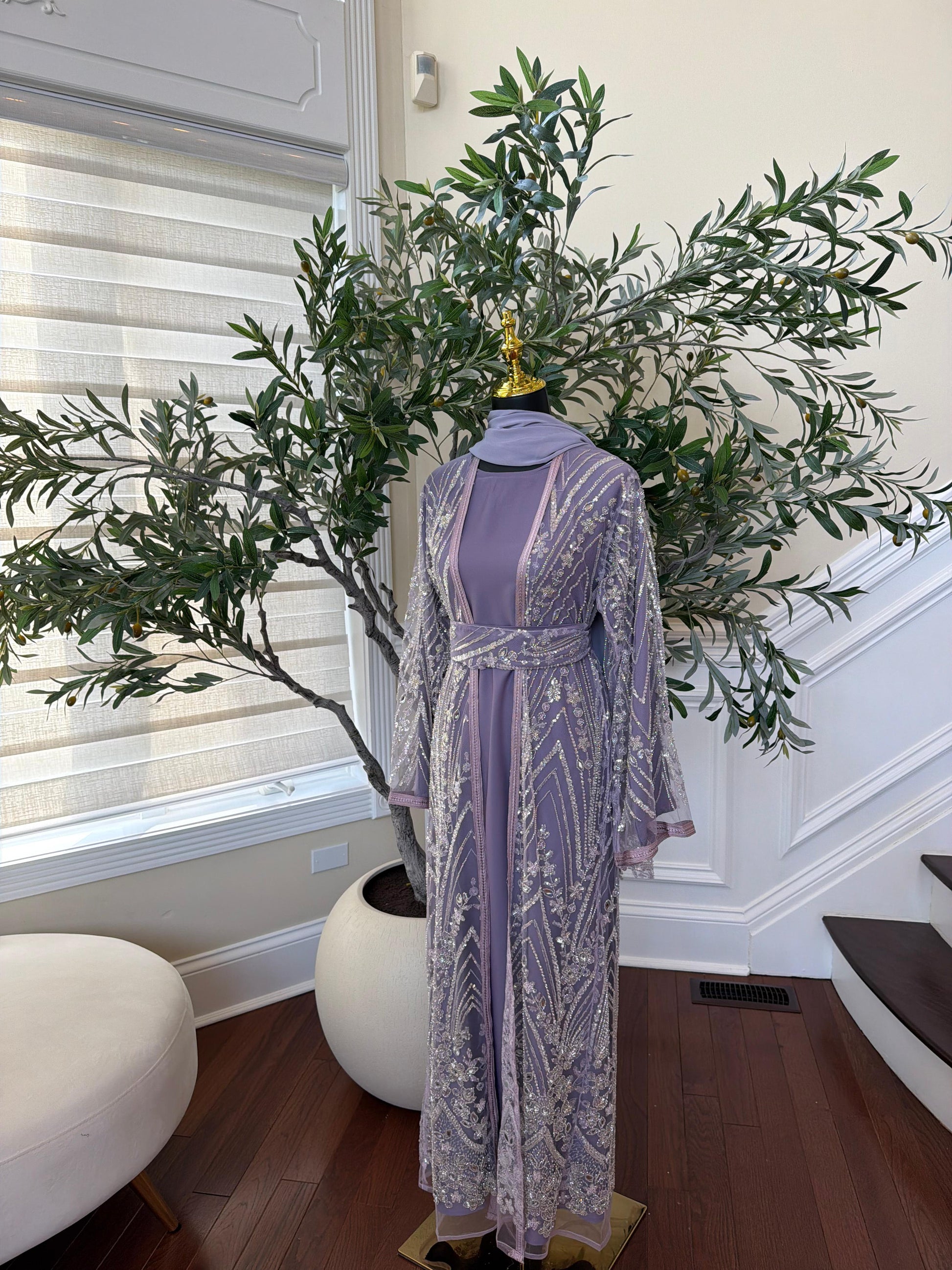 Lavender Sparkle Beaded Cardigan Abaya