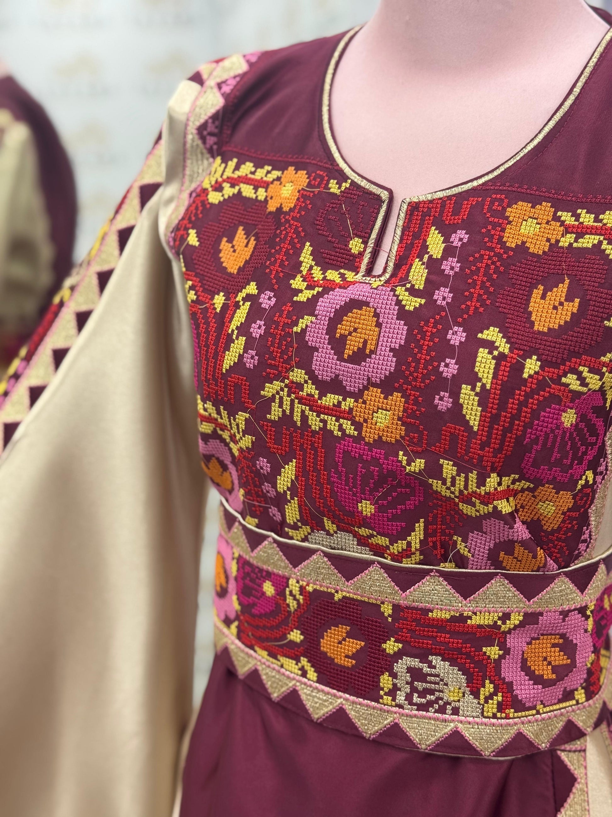Burgundy & Champagne Palestinian Thobe – Embroidered Tatreez Maxi Dress
