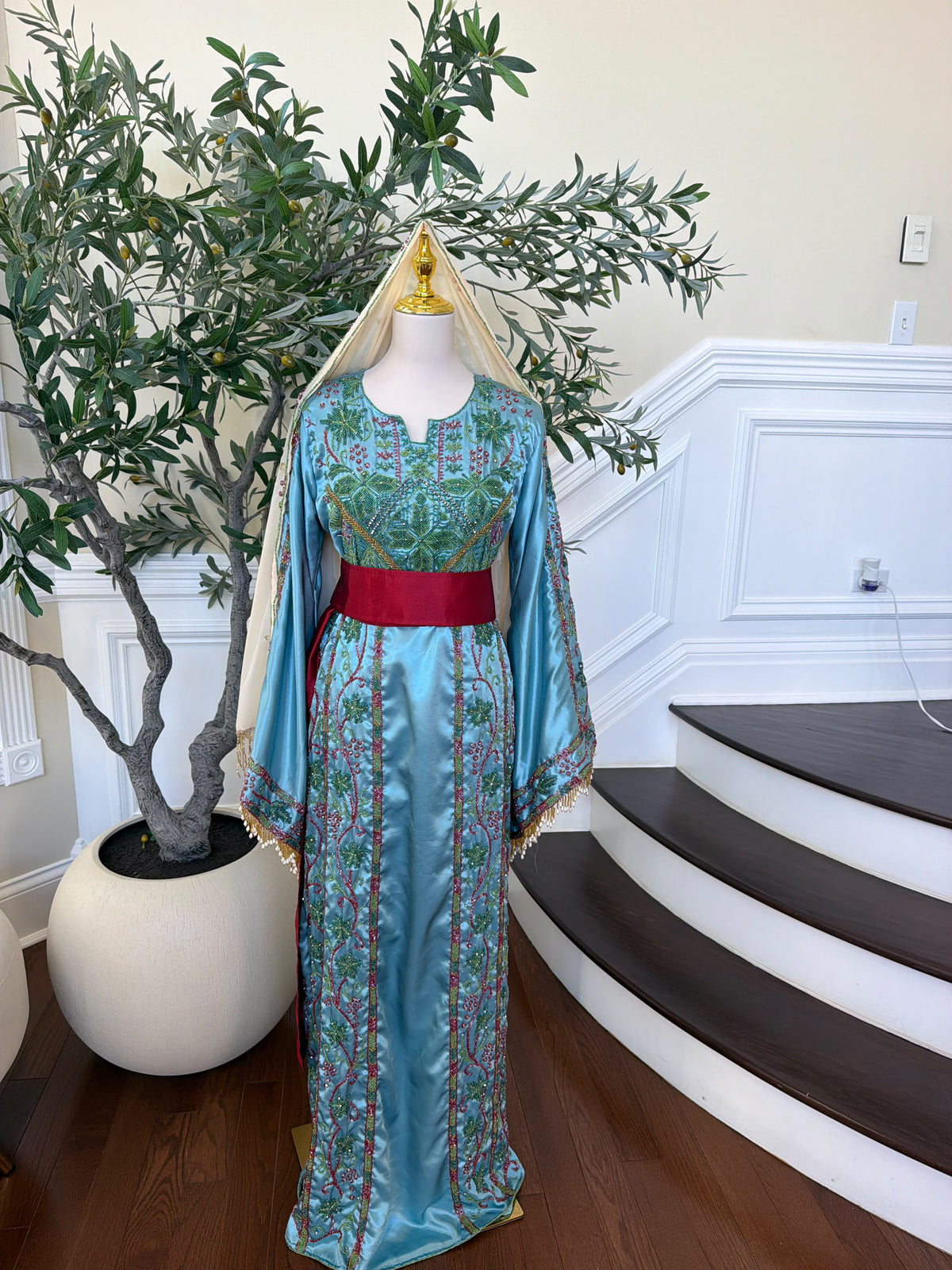 Elegant Sky Blue Satin Thobe with Intricate Green and Pink Floral Embroidery, Burgundy Belt(scarf not included)