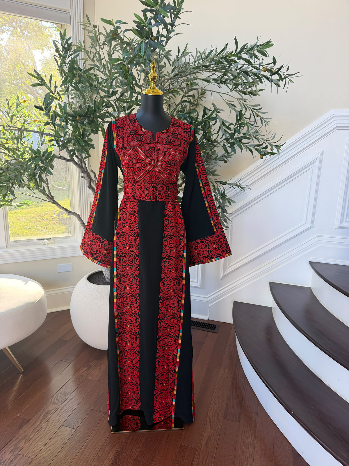 Elegant Black & Red embroidered Palestinian Thobe Dress