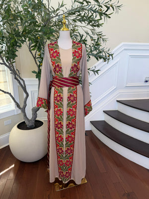 Tan Floral Embroidery Tatreez Thobe