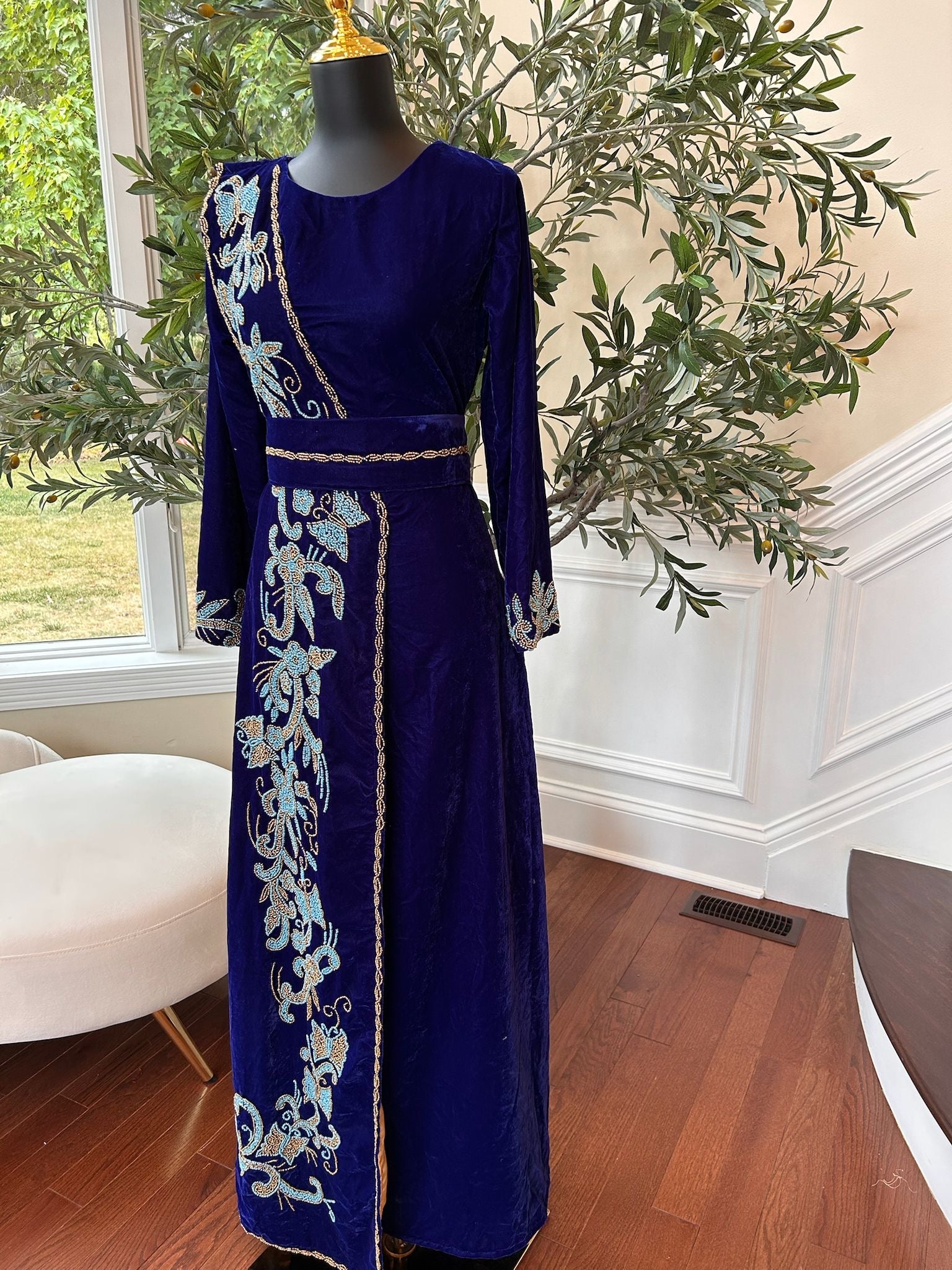 Blue Velvet Stone Charm Kuftan Dress