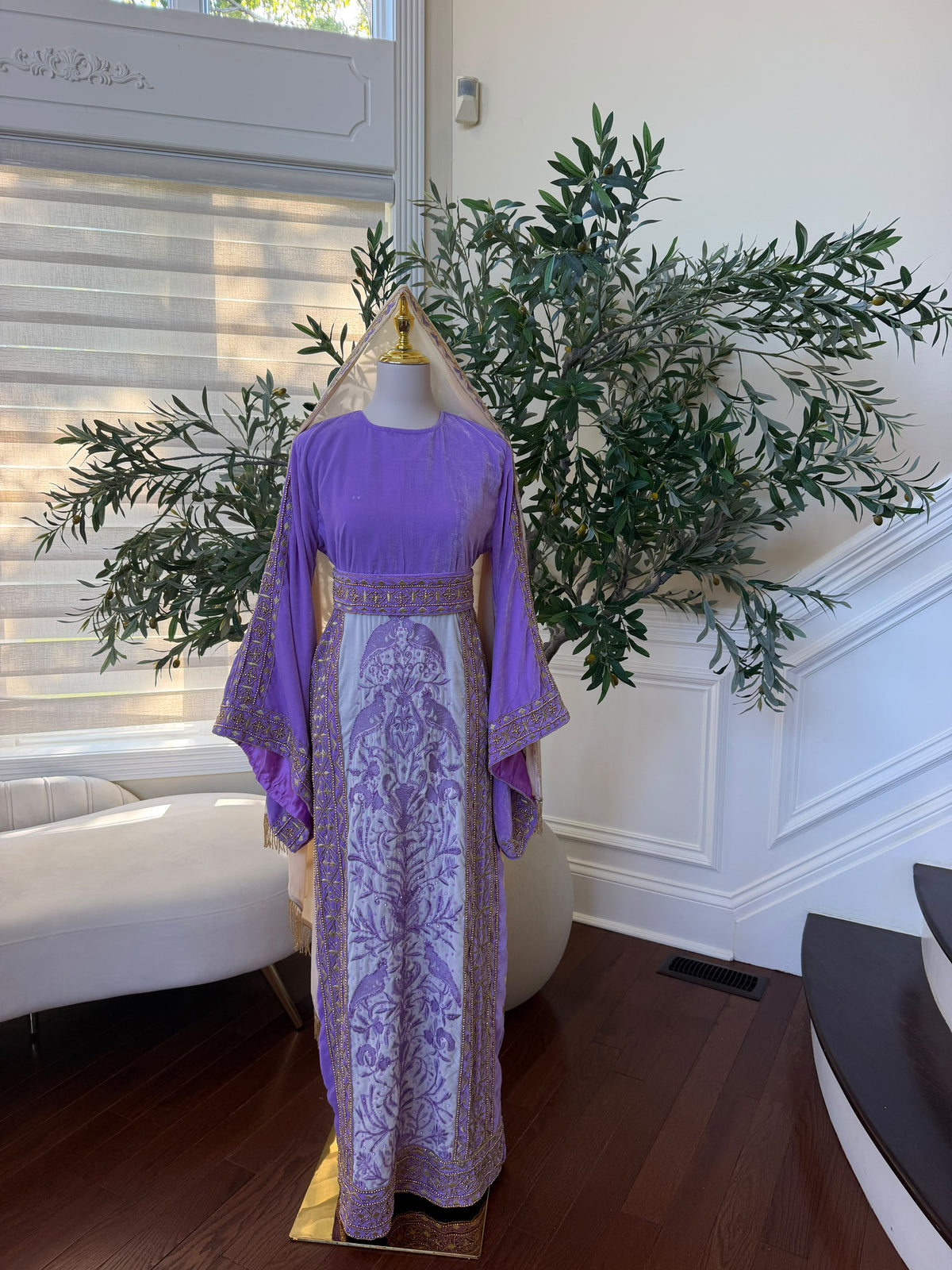 Elegant Lavender Velvet Palestinian Thobe with Gold Embroidery(scarf not included)