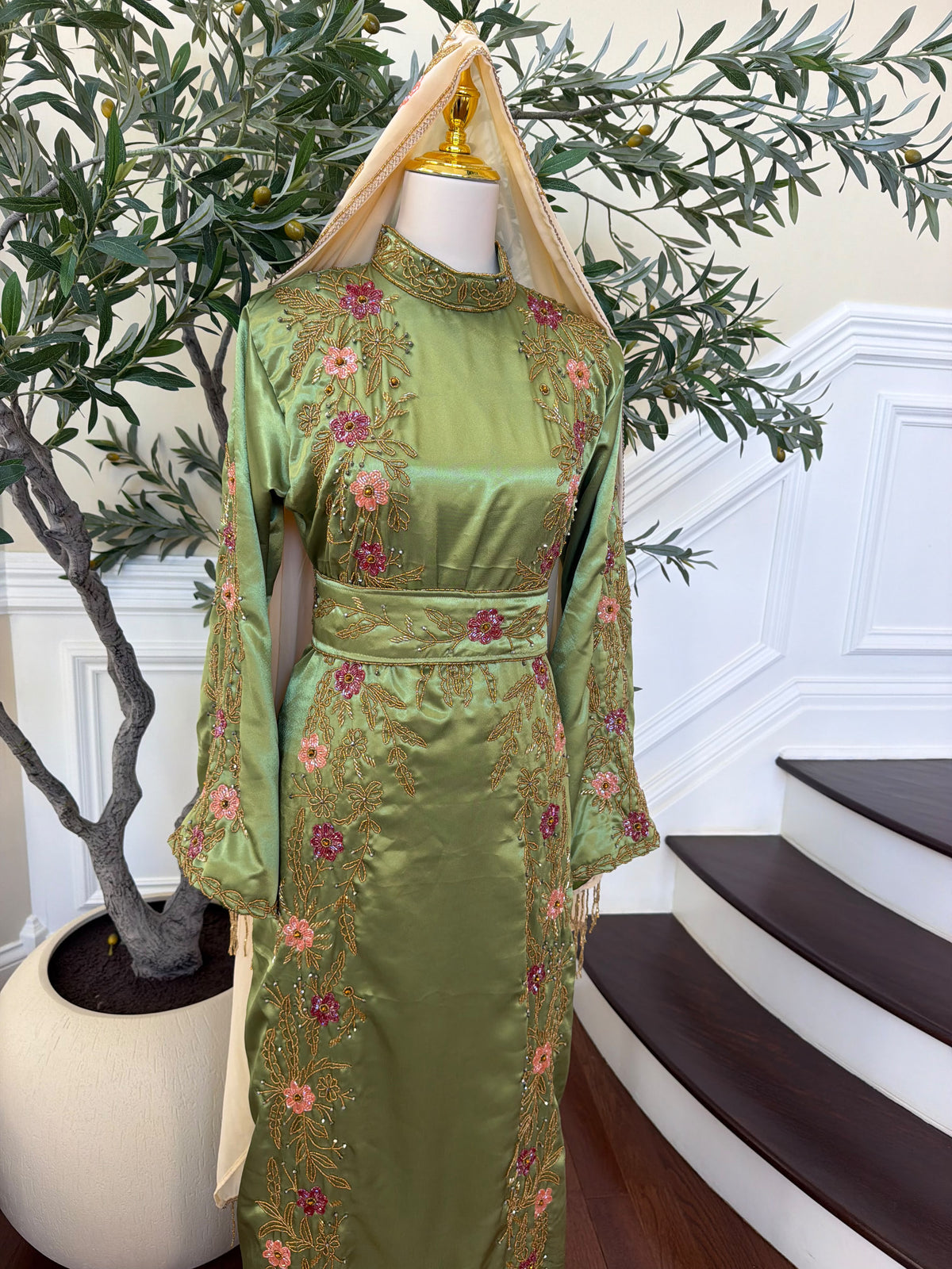 Elegant Sage Green Satin Thobe with Pink Floral Embroidery, Gold Detailing, and Matching Belt( scarf not included)