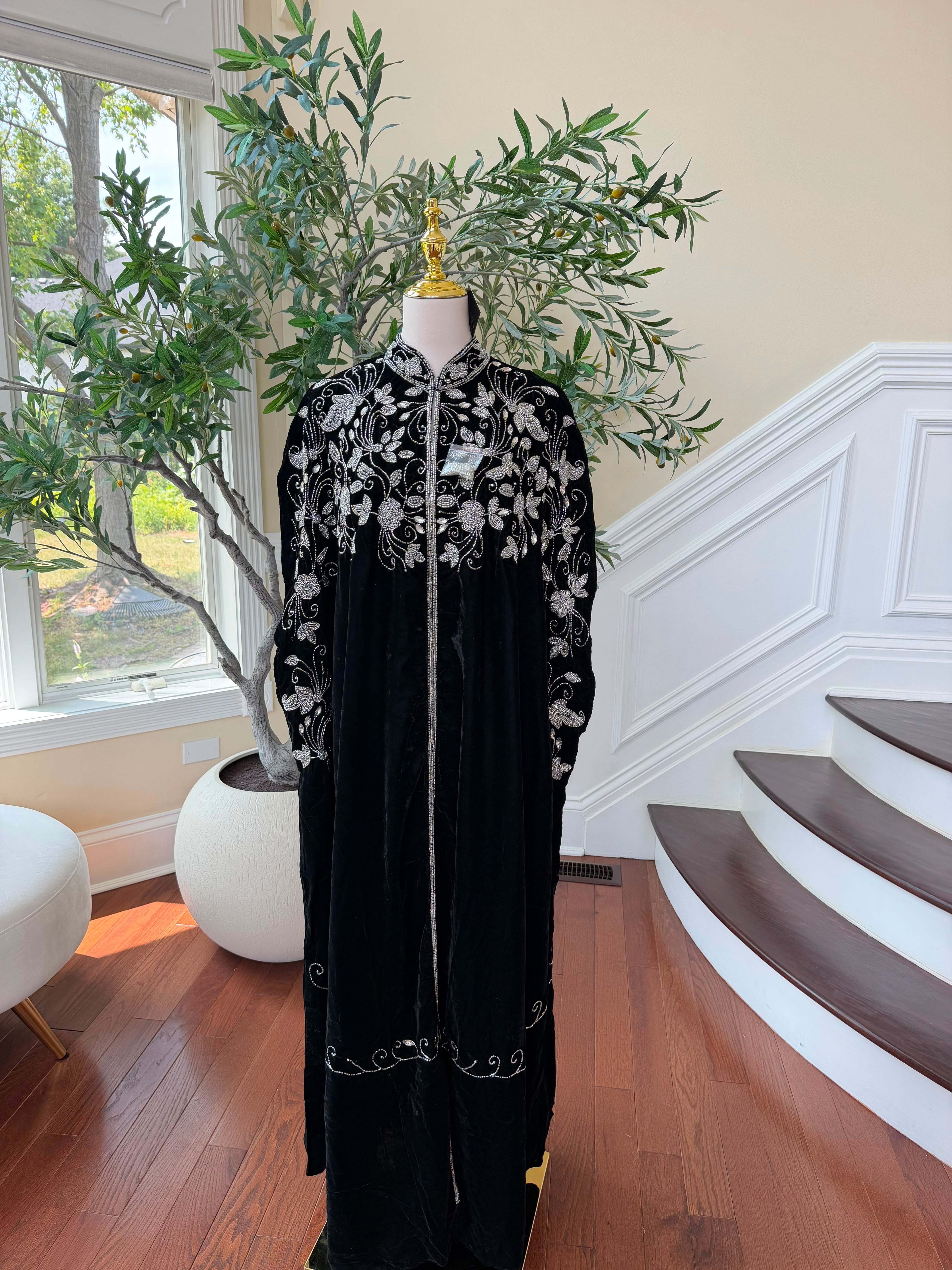 Velvet Black Beaded Elegance Cardigan Abaya