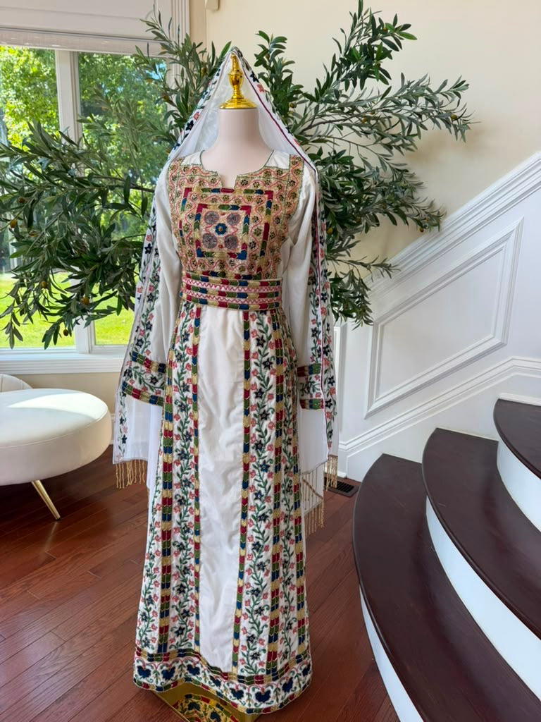 White Beaded Embroidery Thobe