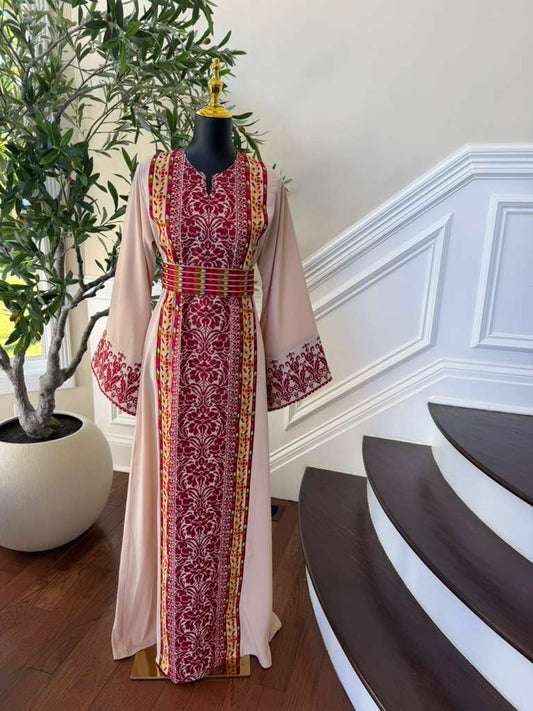 Beige Red Tatreez Elegance Thobe