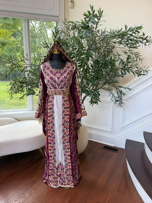Elegant Purple and Cream Thobe with Intricate Floral Embroidery and Gold Accents (scarf not included)