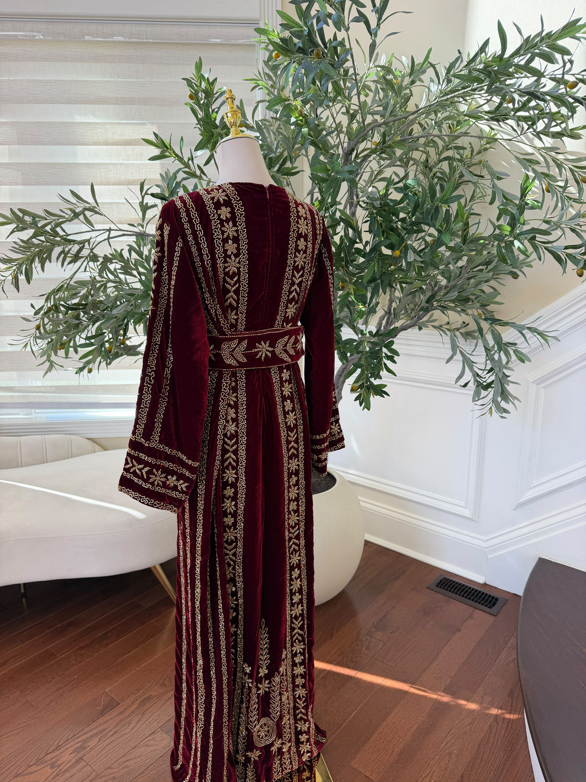 Elegant Burgundy Velvet Palestinian Thobe with Intricate Gold Embroidery( scarf not included)
