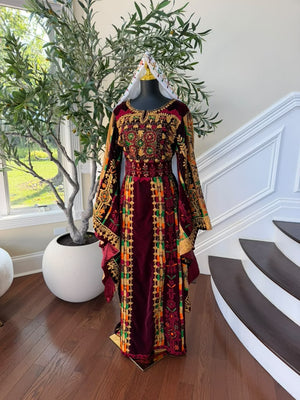 Burgundy Velvet Embroidery Tatreez Thobe