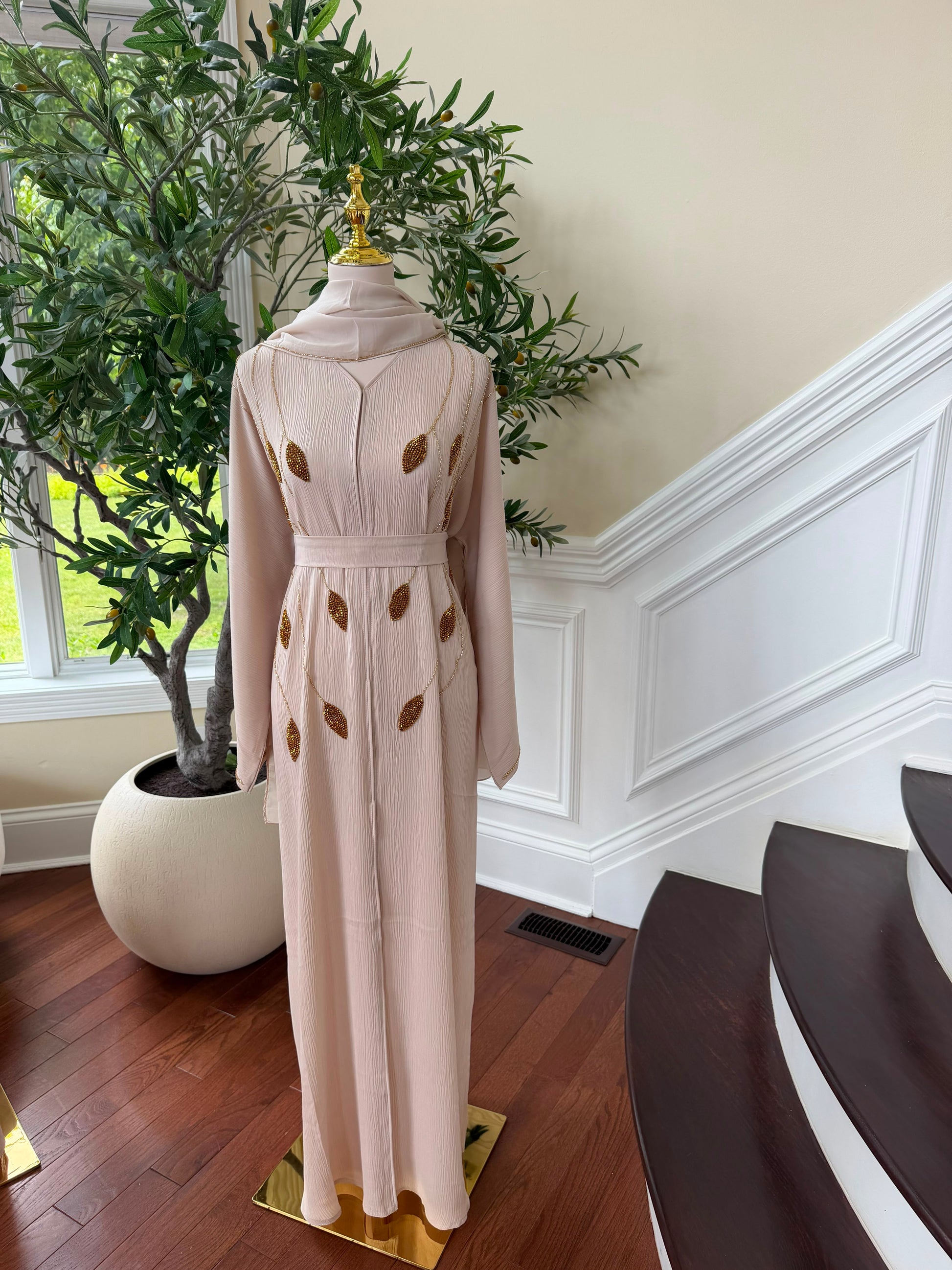 Cream Golden Beaded Essence Abaya