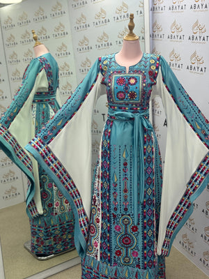 Turquoise & Fuchsia Palestinian Embroidered Thobe – Floral Heritage Design