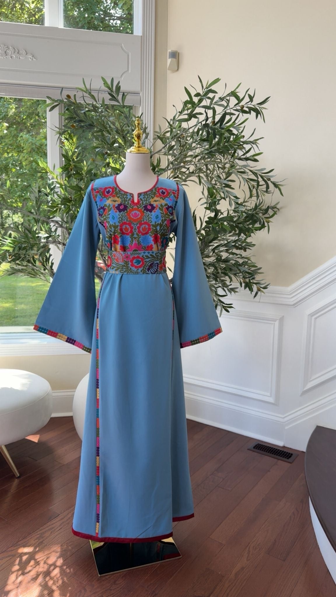 Blue Elegance with Traditional Floral Embroidery