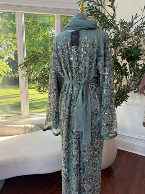 Ocean Sage Sequin Floral Abaya
