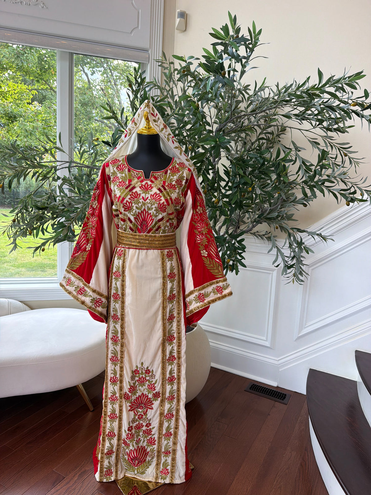 Elegant Cream and Red Thobe with Gold Floral Embroidery(scarf not included)