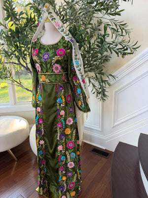 Olive Green Palestinian Stone Thobe with Vibrant Multicolor Floral Embroidery(scarf not included)