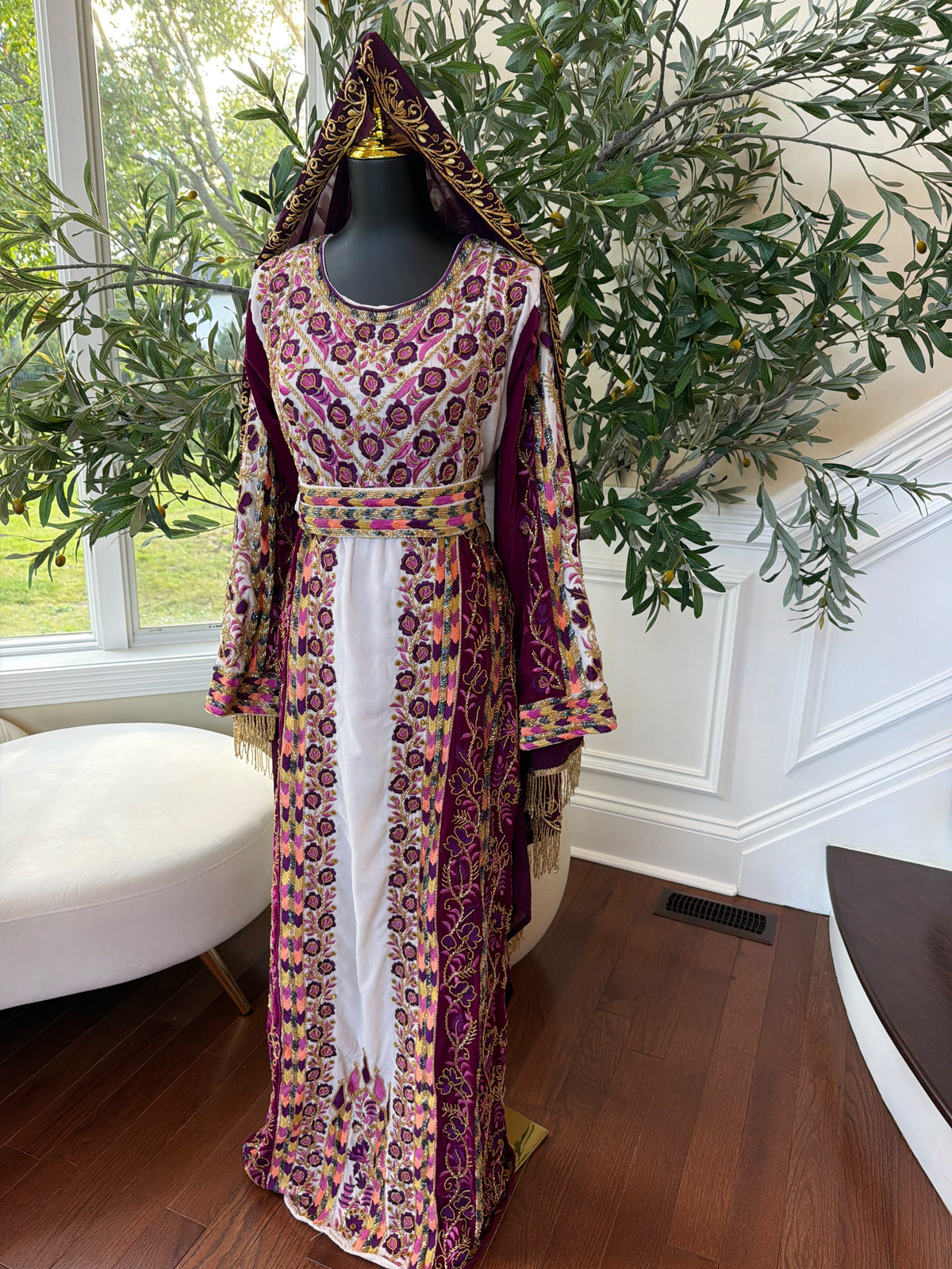 Elegant Purple and Cream Thobe with Intricate Floral Embroidery and Gold Accents (scarf not included)