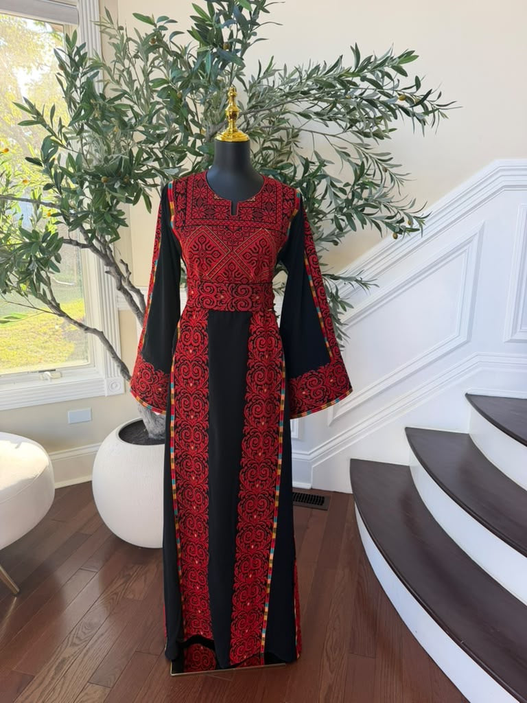 Elegant Black & Red embroidered Palestinian Thobe Dress