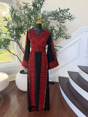 Elegant Black & Red embroidered Palestinian Thobe Dress