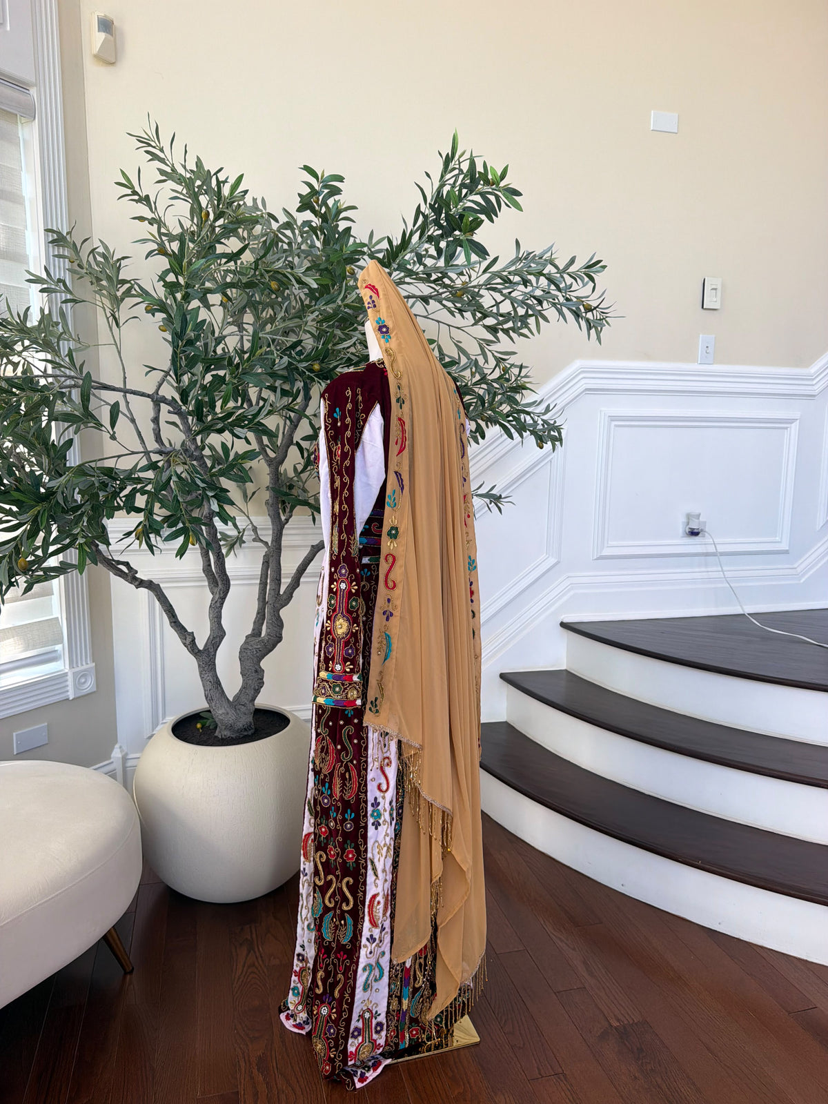 Elegant Burgundy Velvet Thobe with Colorful Embroidery and Matching Skirt included (scarf not included)