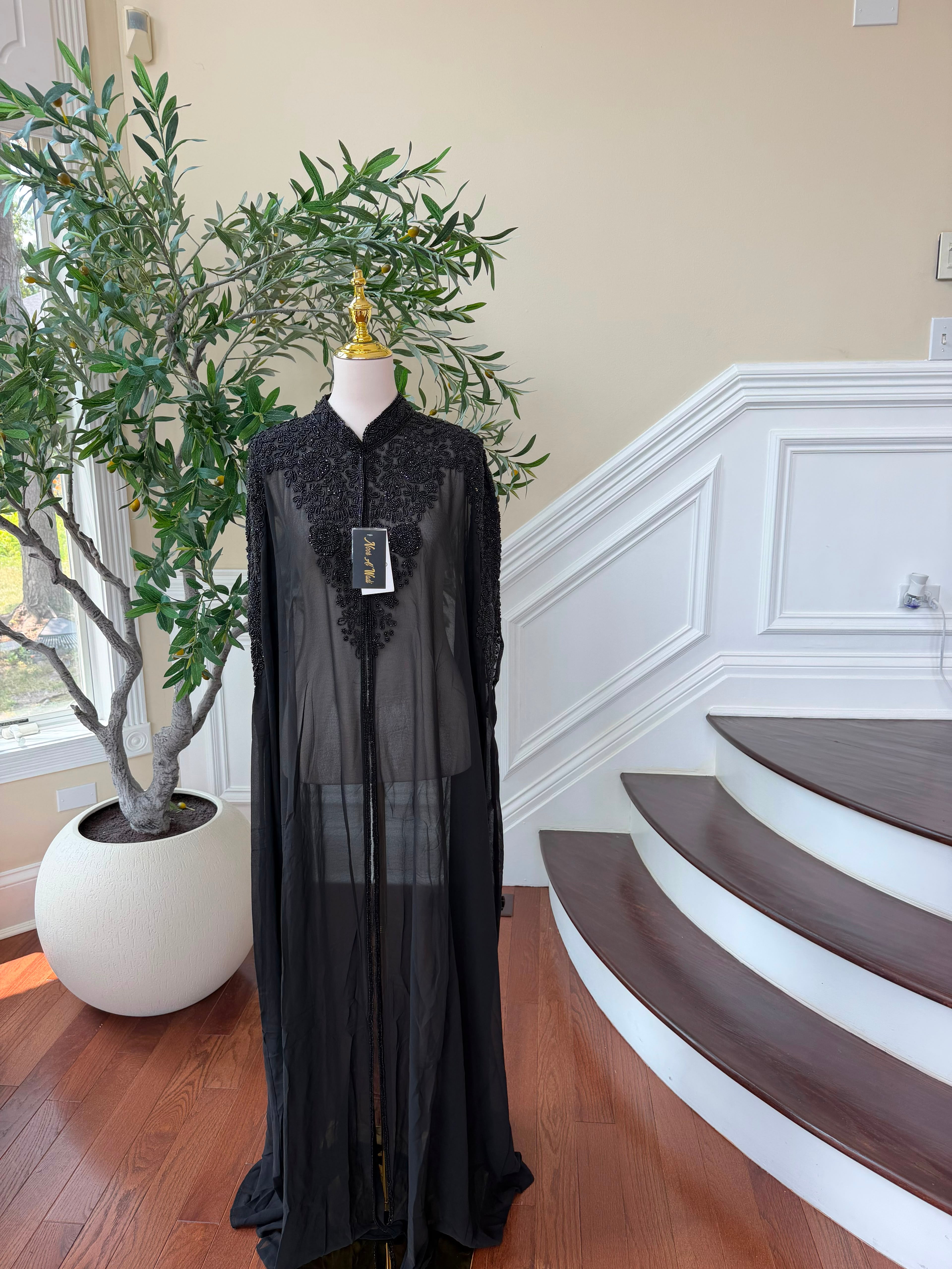 Black Beaded Elegance Charm Cardigan Abaya