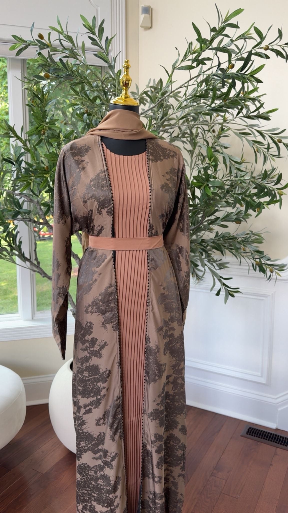 Floral Nude Brown Cardigan Abaya