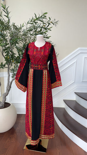 Black Embroidery Red Tatreez Thobe