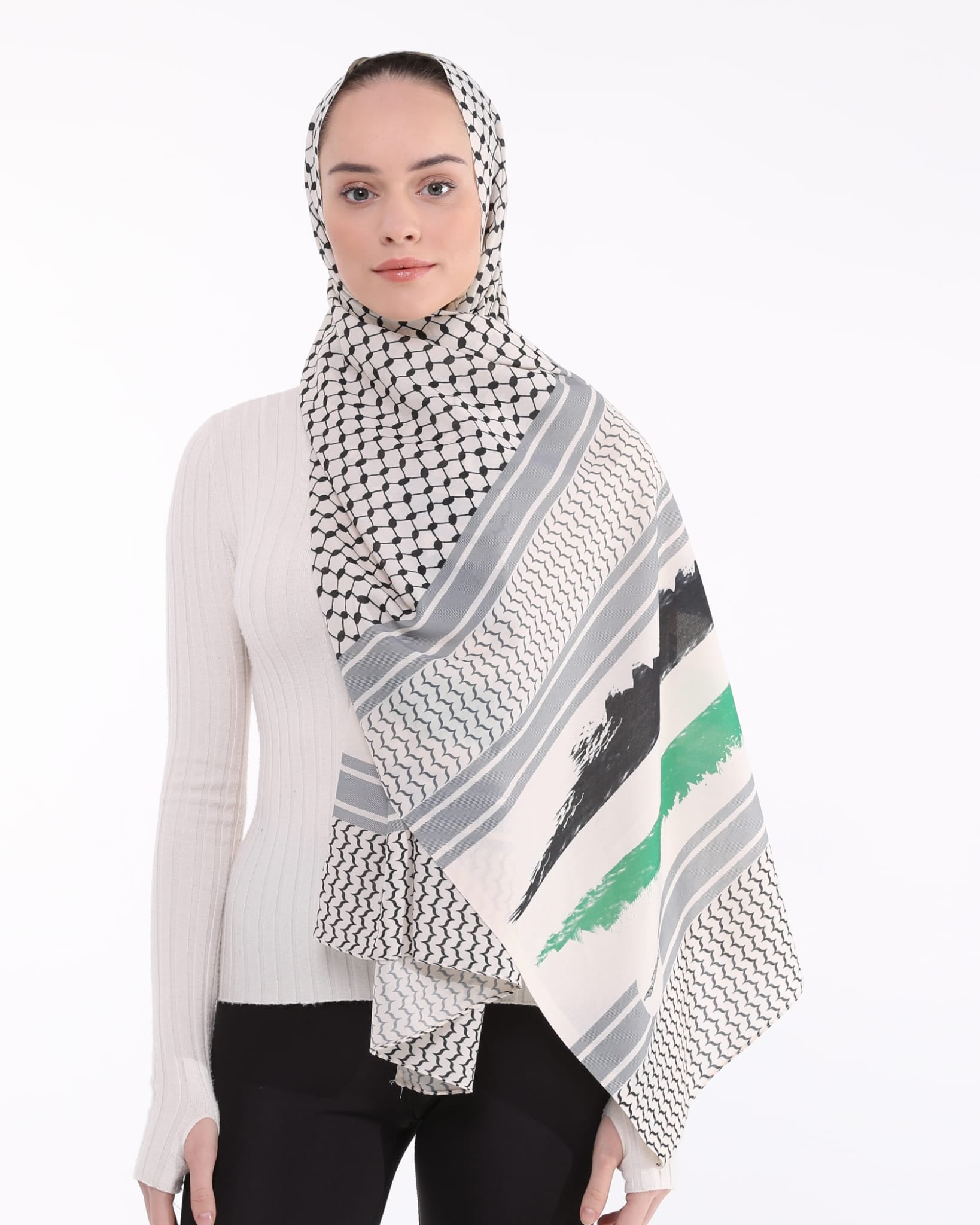 Beige Palestinian flag Keffiyeh hijab-scarf cotton flex fabric #526